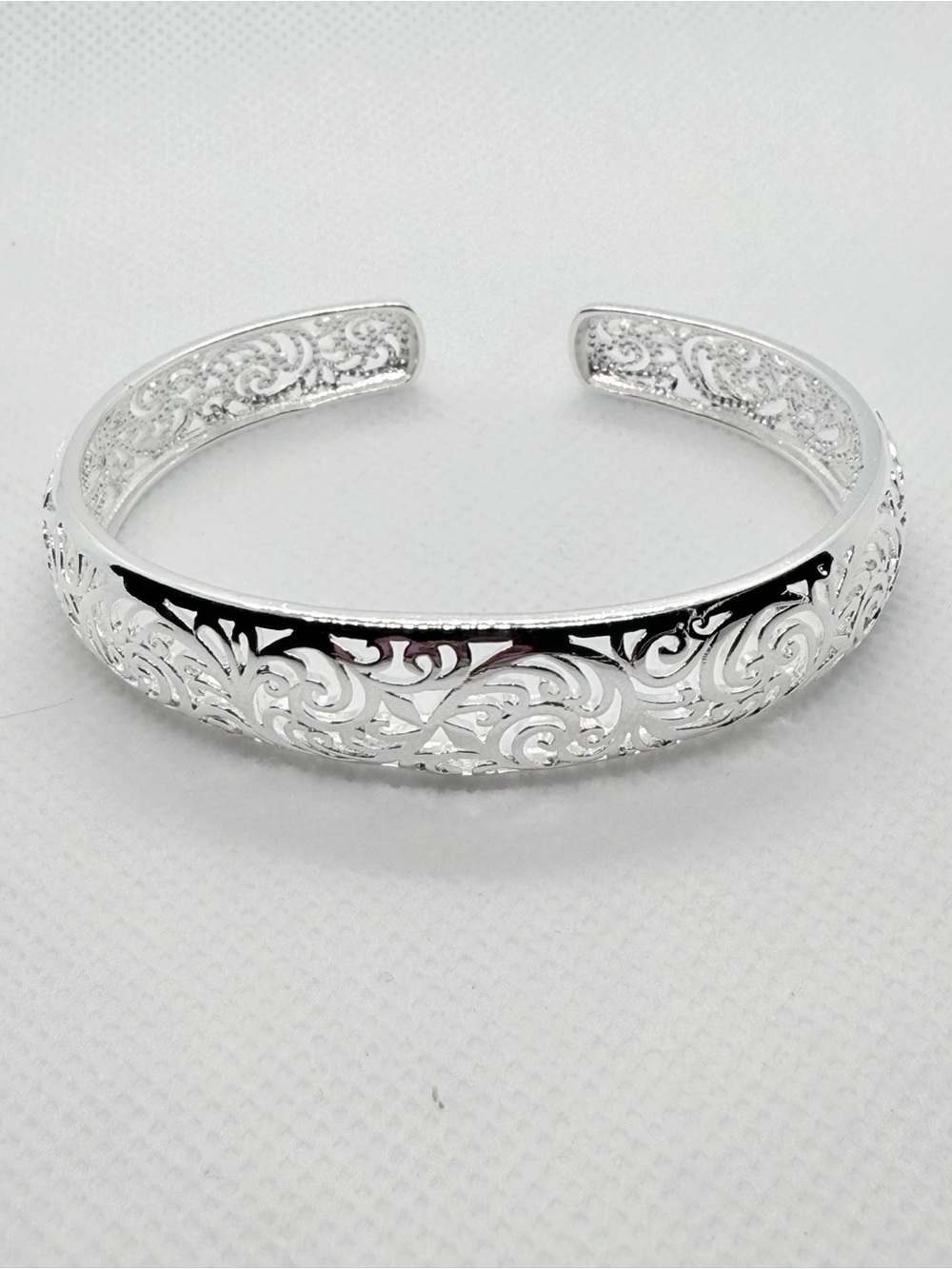 Vintage Silver Filigree Cuff Bracelet Hollow Open Bangle Scrollwork